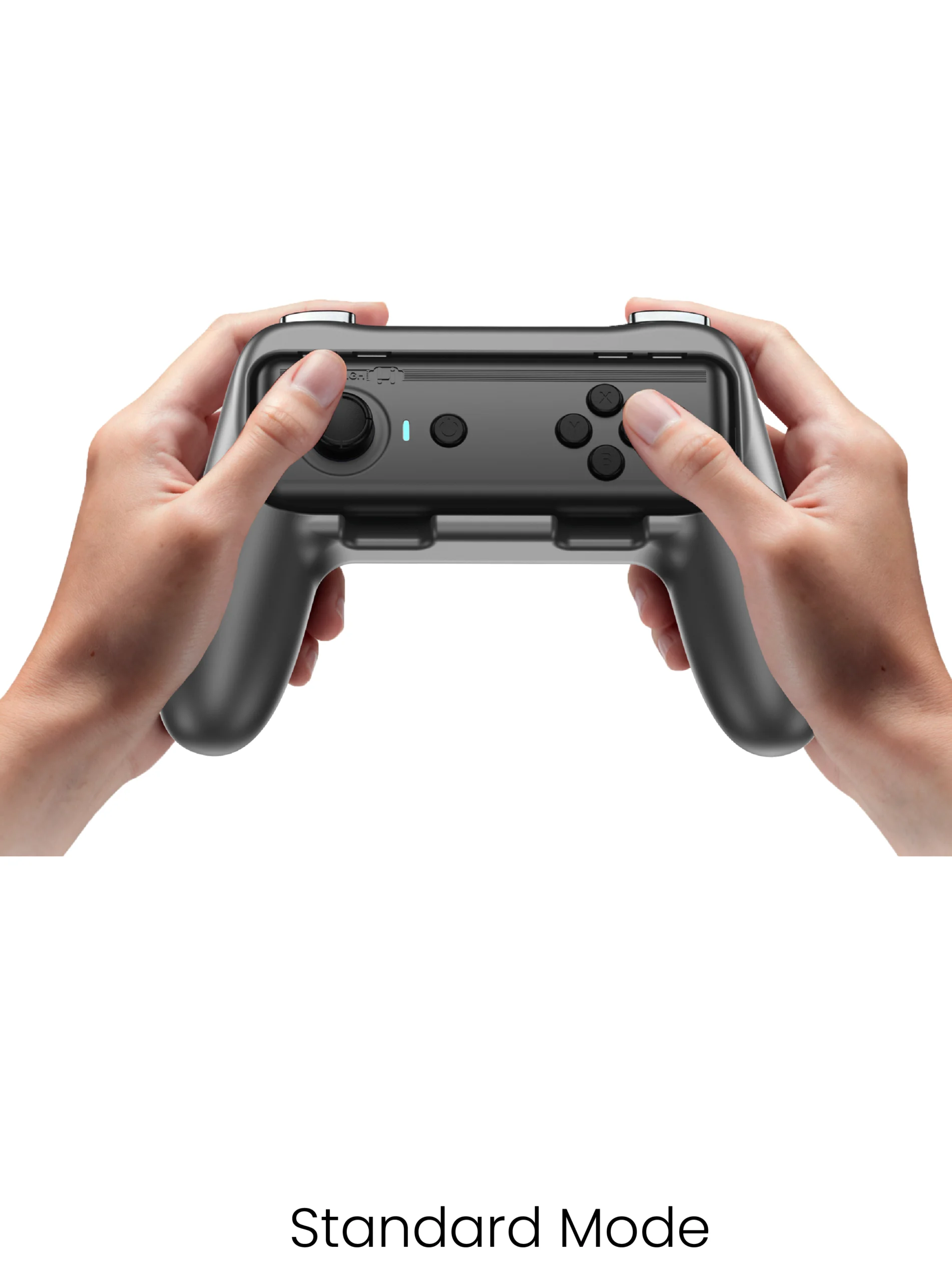 Double-hand horizontal grip of our wholesale motion controllers, demonstrating the Standard Mode with phones for traditional gaming