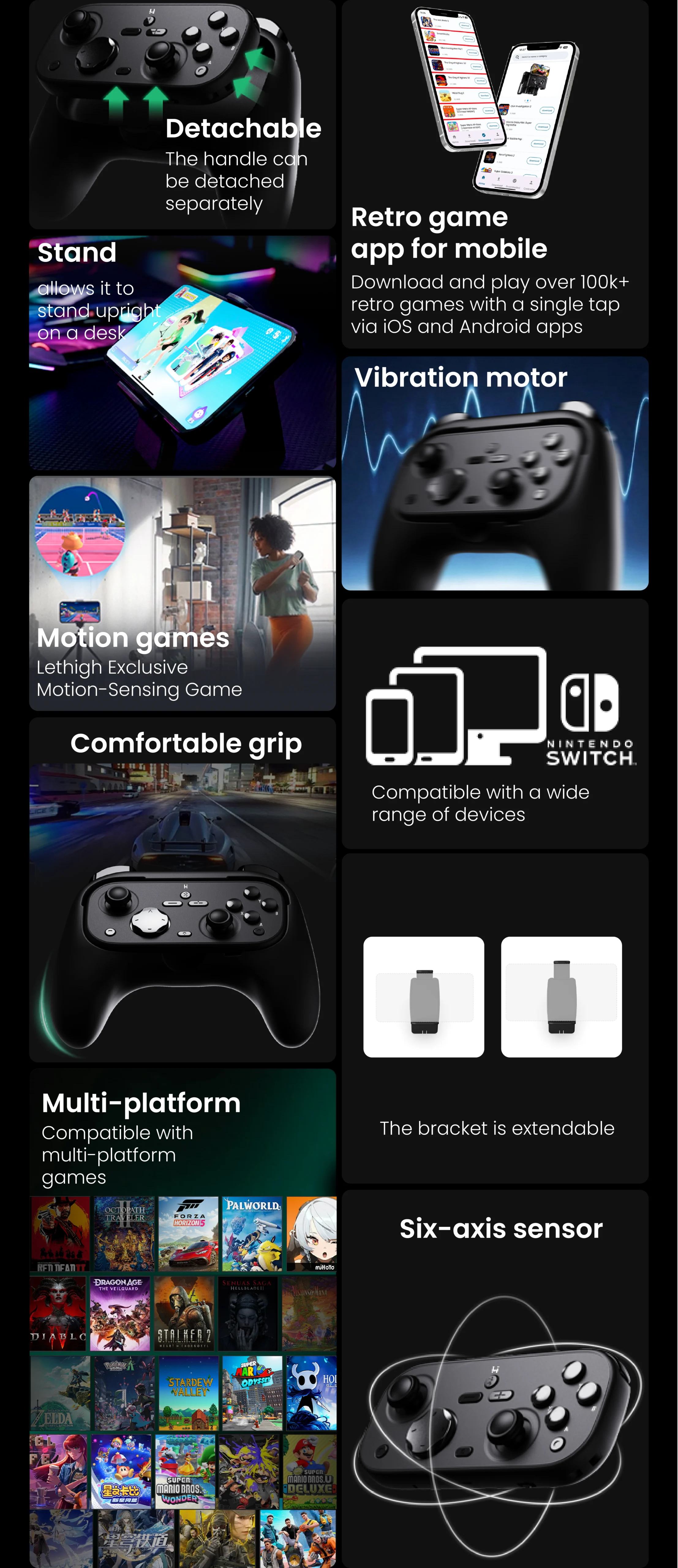 L06 motion game controller feature overview with detachable grip, retro gaming app, six-axis sensor, vibration motor, motion games, phone stand and multi-platform support