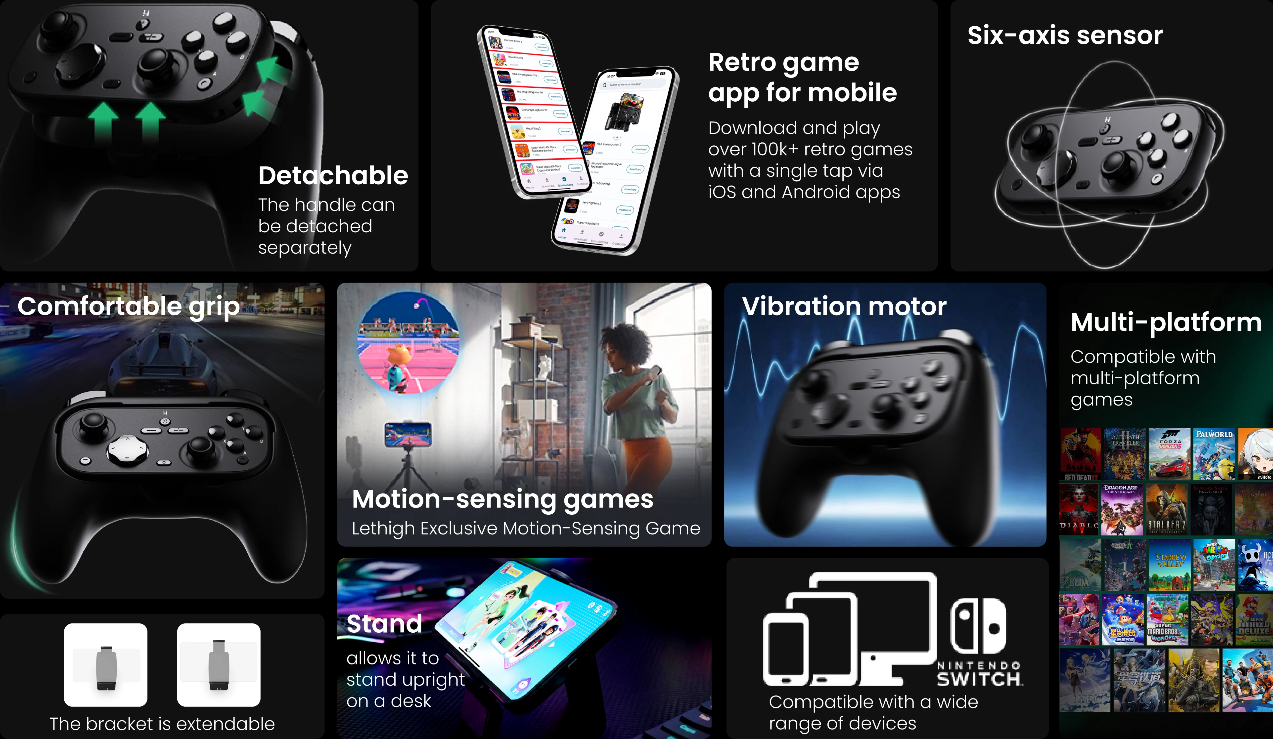 L06 motion game controller feature overview with detachable grip, retro gaming app, six-axis sensor, vibration motor, motion games, phone stand and multi-platform support
