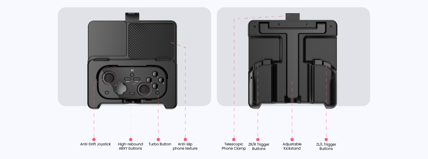 L08 landscape mobile gaming controller with adjustable phone clamp, kickstand, trigger buttons and anti-drift joysticks